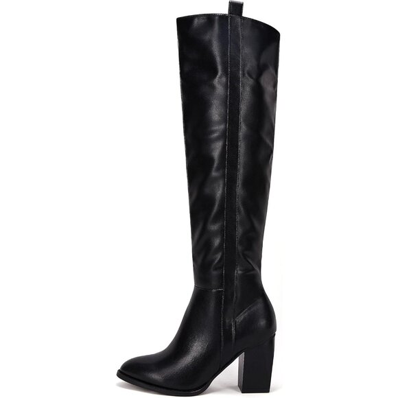 Womens Cool Black Faux Suede Knee High Side Zipper Chunky Heel Winter Boots - Picture 2 of 5